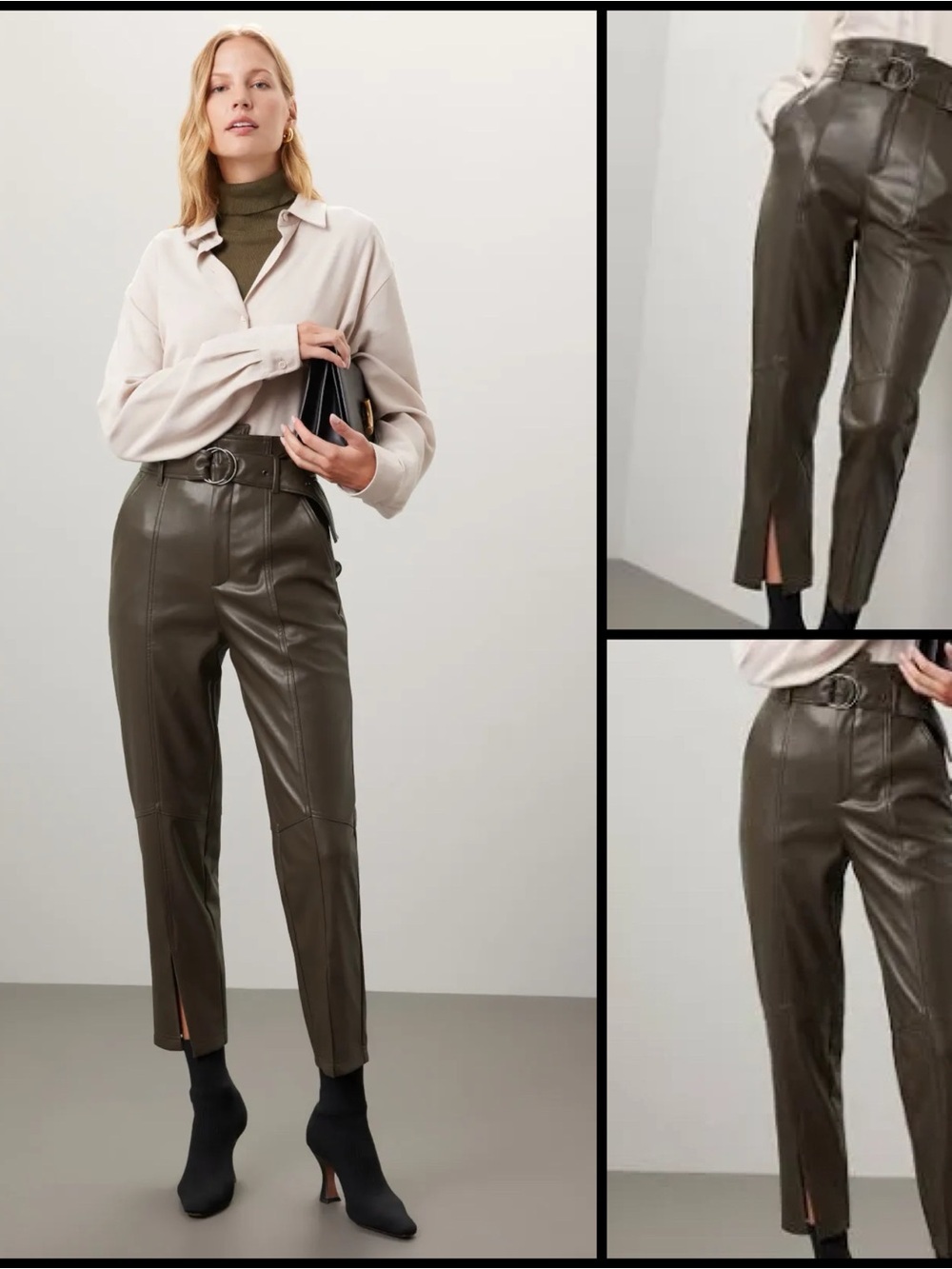 Marissa Webb Split Hem Olive Crop Leather Modern Grommet Belt Old Money Pants 8